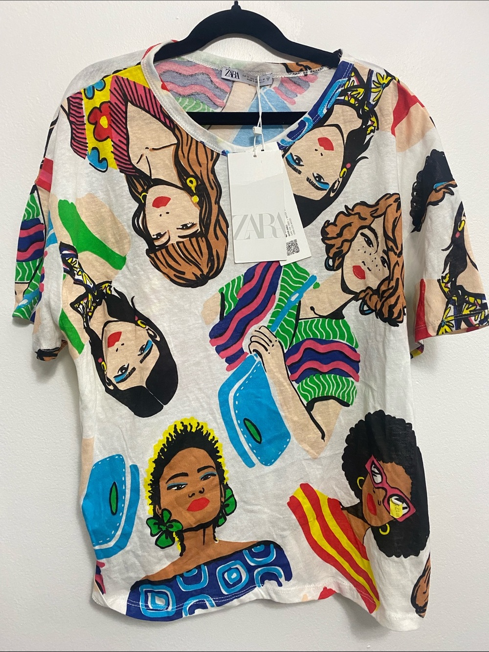 Zara White Multicolor Illustrated Faces Short Sleeve Tee